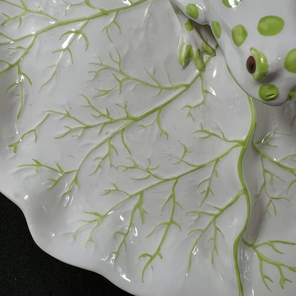 VTG Italian ceramic plate green dotted frog lily pad green white figural